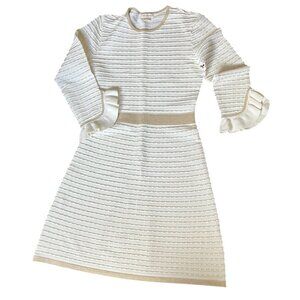 Shoshana Dress Women’s Size S Fine Knit 3/4 Ruffle Sleeve Cream &  Gold Dress